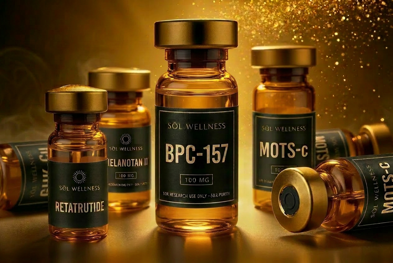 SŌL Wellness amber peptide vials lineup — GHK-Cu, Retatrutide, Melanotan II, BPC-157, MOTS-c